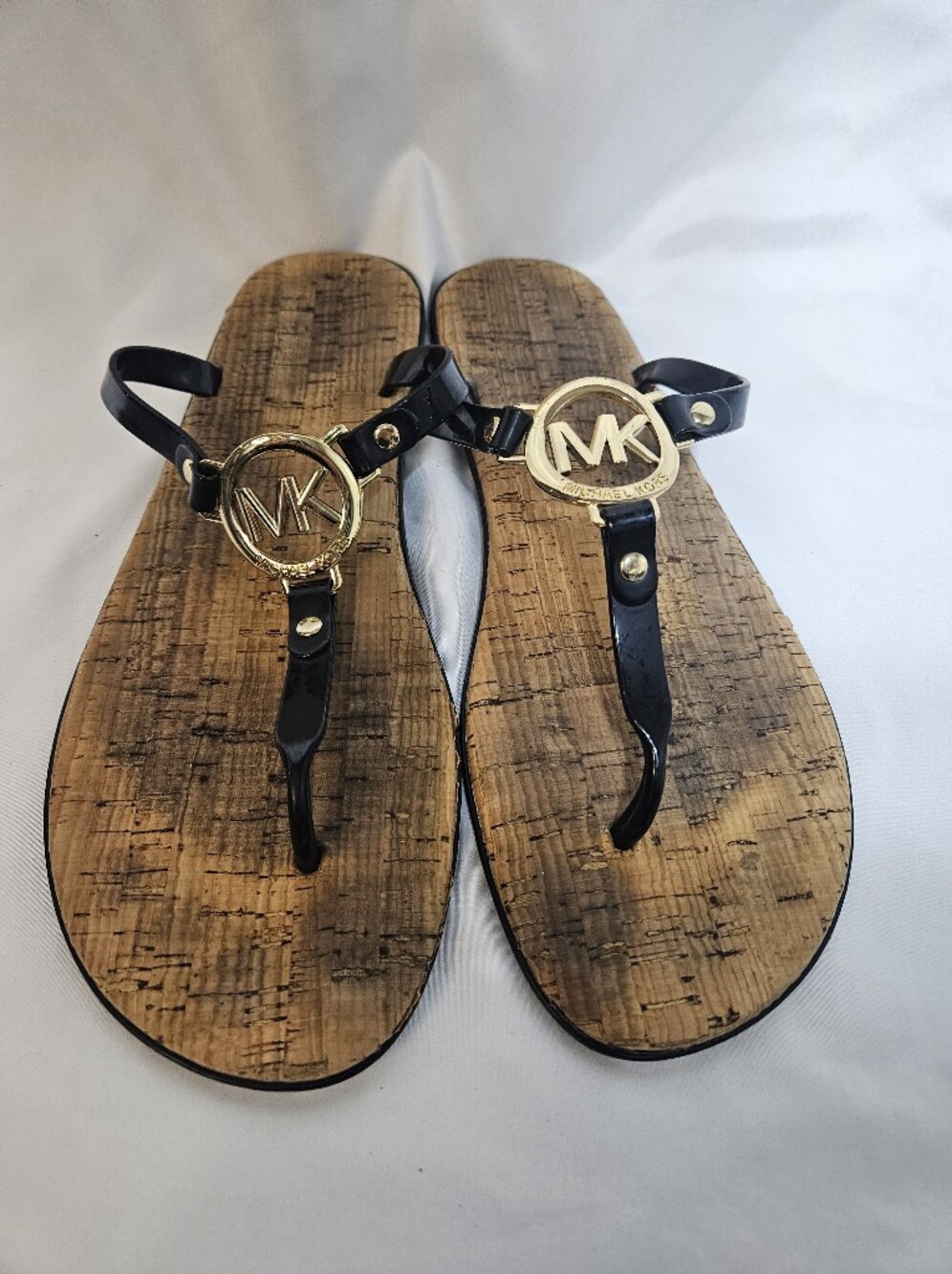 Michael Kors MK Logo Jelly Thong Sandals Black Gold Cork Print Flip Flops
